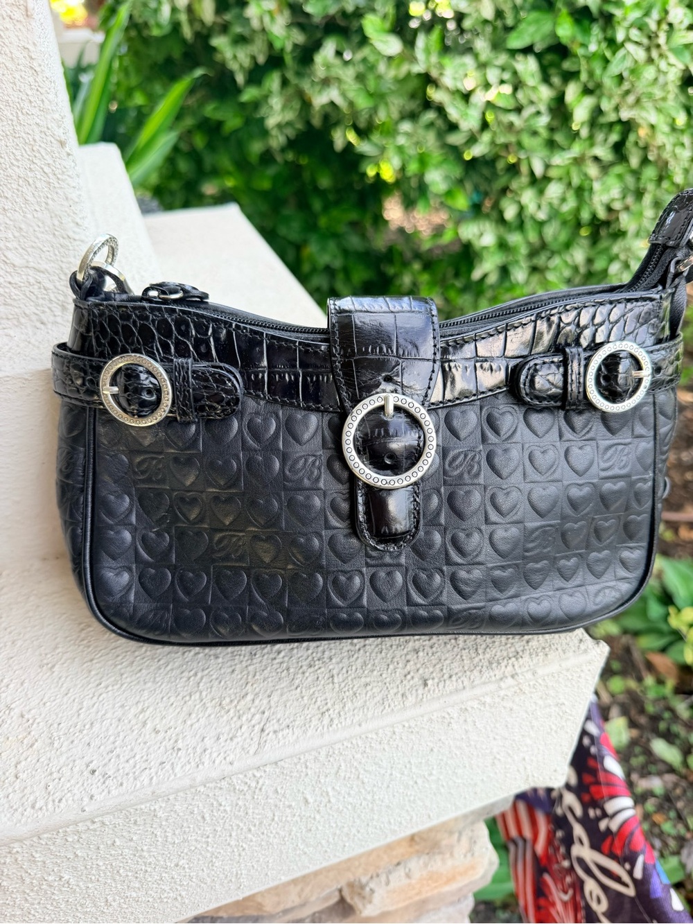 Brighton C920827 Black Leather Heart Embossed Croc Y2K Shoulder Bag